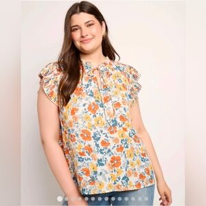 NWT/ VOY Los Angeles Plus Size Pleated Sleeve withTie Floral Top 3X